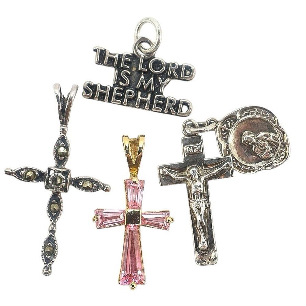 Lot Of 4 Holy Cross Religious Pendants / Charms All Sterling Silver 925